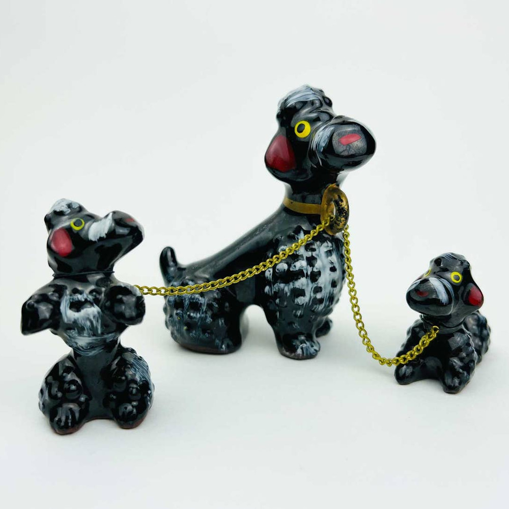 Vintage Red Ware Style Black and white Poodles on Chains - Mid Century Decor